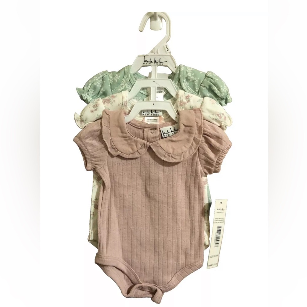 Nicole Miller Baby Girls Pink/Mint Floral Bodysuit 3-Piece Set (0-3 Months) NWT